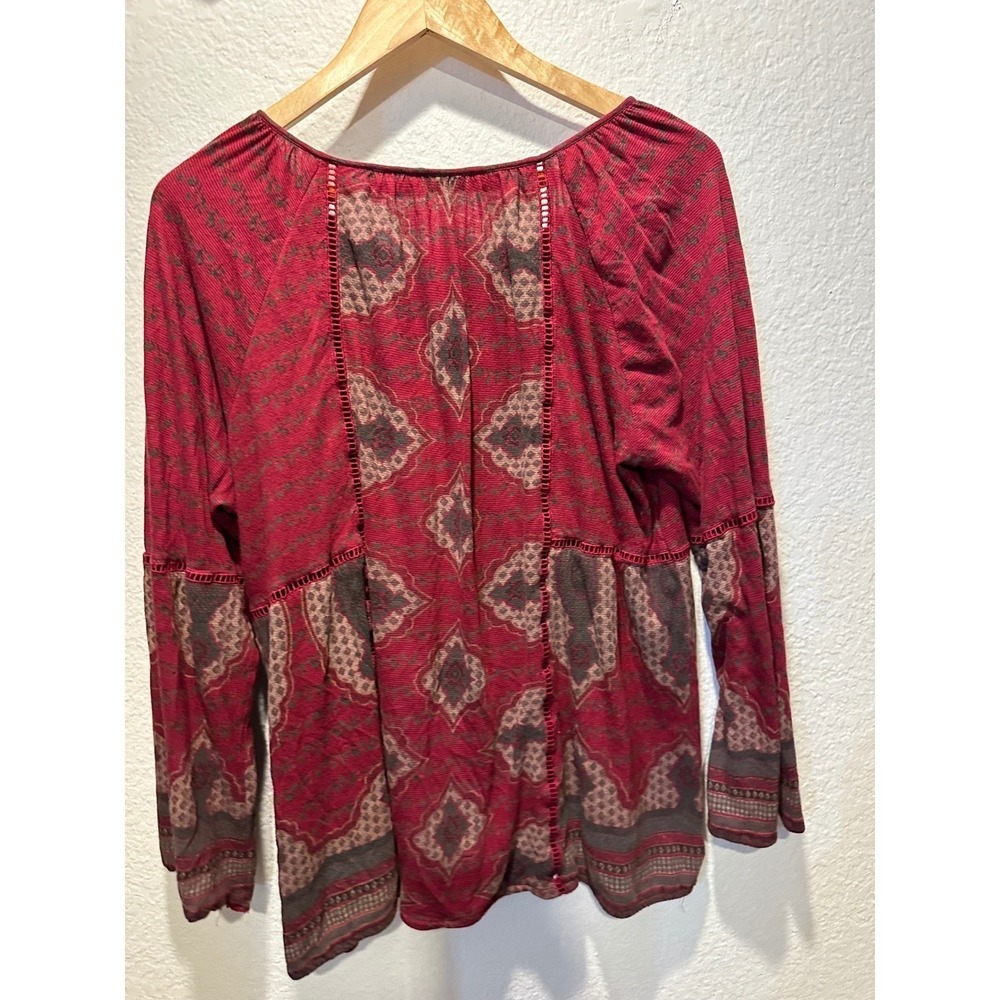 Lucky Brand Paceasant Top Women 1X Burgundy Medallion Print Tassel Lace Blouse - Picture 3 of 14
